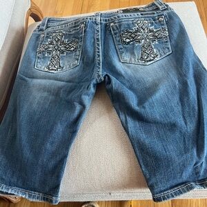 Miss Me Blue Denim Bermuda Shorts with Black and White Cross Design